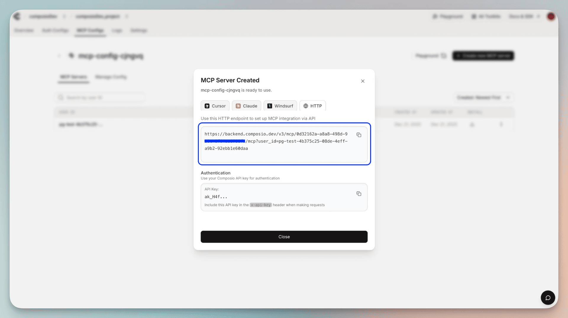 Example MCP server URL shown in the Composio dashboard